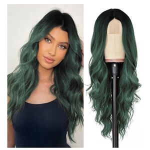 New Long Ombre Green Wavy Wig 26 Inch Middle Part Curly Wavy Wig Natural Looking